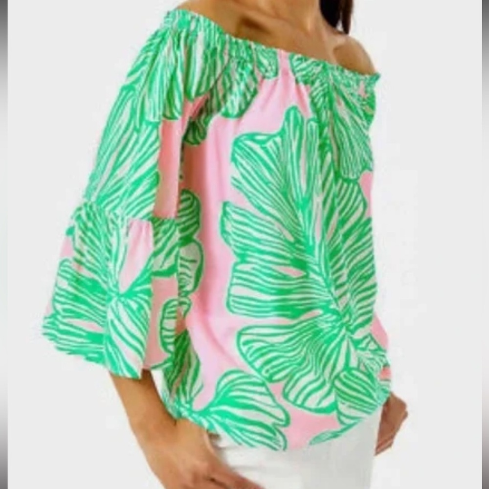 Lilly Pulitzer Nevie Off-Shoulder Top Mandevilla Print Bell Sleeves Sz M